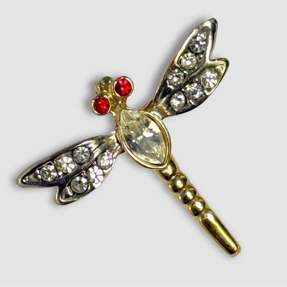 Vintage Rhinestone Dragonfly Brooch Pin Gold Tone Red Eyes Crystal Wings - Picture 2 of 6
